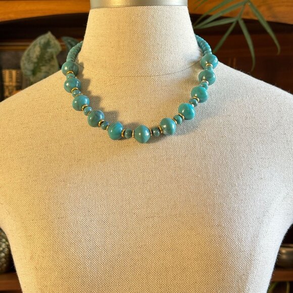 Vintage Turquoise Blue Molded Resin Beaded Necklace 20" With Gold-Tone Spacers - Picture 5 of 5